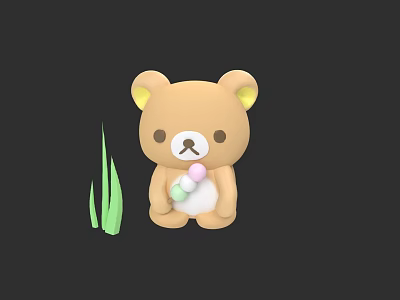 Cute Brown Cartoon Bear With Yellow Ears Holding Colorful Balls And Green Grass 3d model