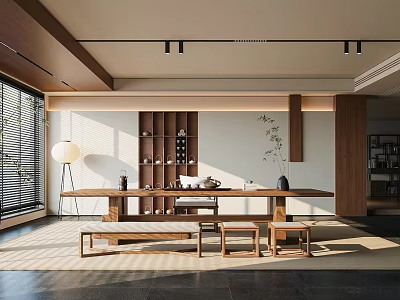 Natural Tea Room Interior Design With Long Wooden Table Tea Sets And Decorative Plant 3d model