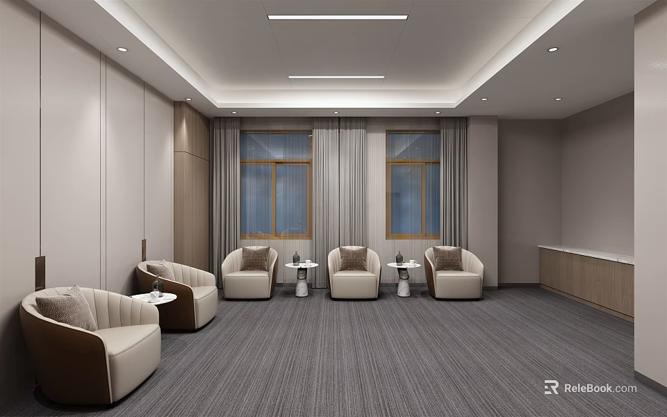 Hotel Public Lounge with Comfortable Armchairs Side Tables Large Windows Modern Design and Plush Carpet 3d model 