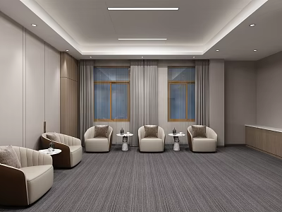 Hotel Public Lounge with Comfortable Armchairs Side Tables Large Windows Modern Design and Plush Carpet 3d model