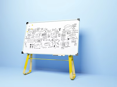 Hand Drawn Musical Instruments And Art Supplies On Whiteboard With Yellow Stand 3d model