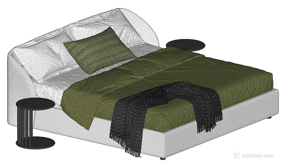 Double Bed with Green Quilt Black Blanket and Pillows Black Side Tables on Both Sides 3d model 