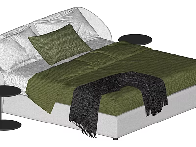 Double Bed with Green Quilt Black Blanket and Pillows Black Side Tables on Both Sides 3d model
