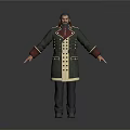Bearded Man Wearing Dark Green Long Coat With Yellow Buttons Red Collar Black Pants