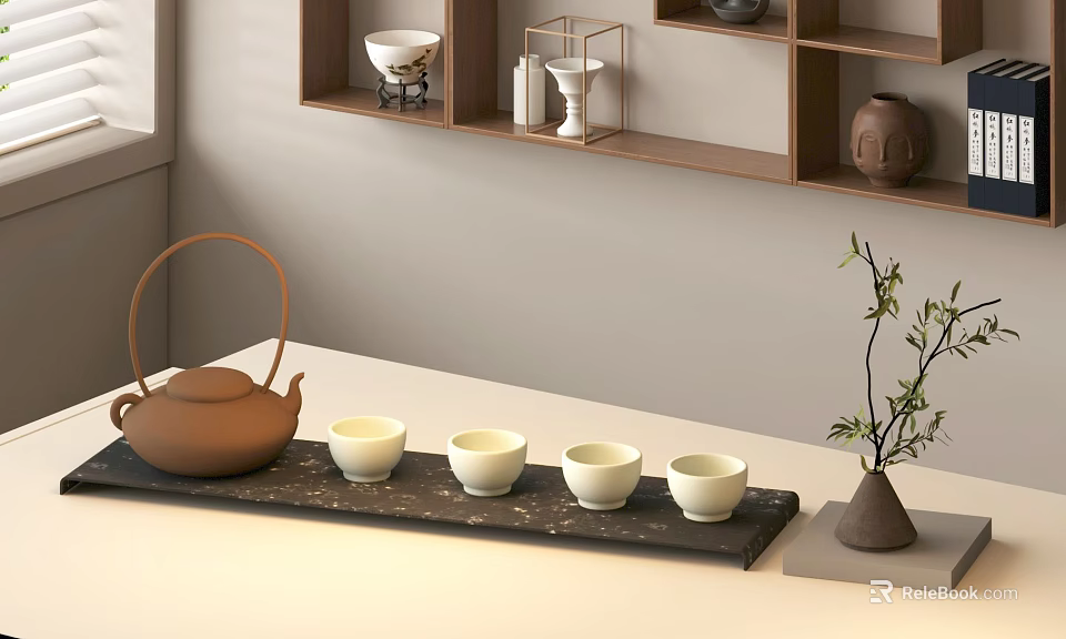 Traditional Clay Tea Set with White Teacups on Black Tray and Wooden Shelves 3d model 
