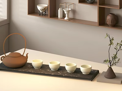 Traditional Clay Tea Set with White Teacups on Black Tray and Wooden Shelves 3d model
