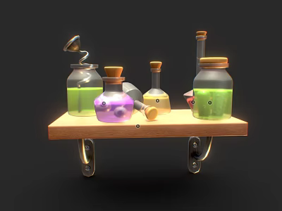 Decorative Wall Cabinet with Wooden Shelf and Colorful Bottles in Various Shapes and Metal Brackets 3d model