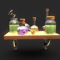 Decorative Wall Cabinet with Wooden Shelf and Colorful Bottles in Various Shapes and Metal Brackets