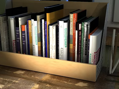 Neatly Arranged Multiple Books On Wooden Bookshelf With Wooden Box 3d model