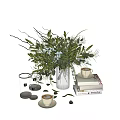 Modern Decorative Ornament Set With Green Plants Ceramic Vase Candles And Stacked Books