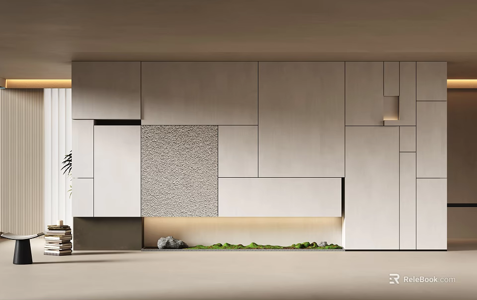 Elegant Modern Minimalist Background Wall With Wooden Stone Texture Light Strip And Decorative Ornaments 3d model 
