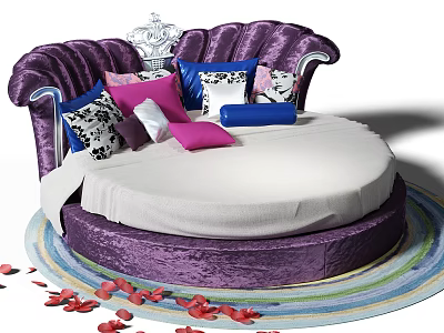 Purple Velvet Round Bed With Colorful Pillows Red Rose Petals And Round Rug 3d model
