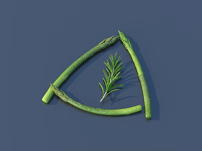 Fresh Green Asparagus Arranged in Triangle Shape With Rosemary Sprig On Dark Blue Background 3d model