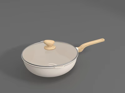 White Cookware Frying Pan with Transparent Lid Wooden Handle and Stainless Steel Rim 3d model