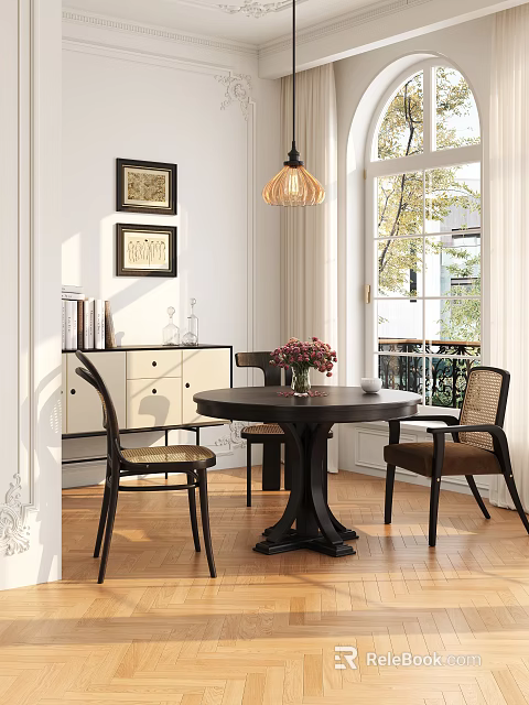 Round Wooden Dining Table Set With Chairs Wall Art Cabinet And Pendant Light 3d model 