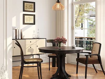 Round Wooden Dining Table Set With Chairs Wall Art Cabinet And Pendant Light 3d model