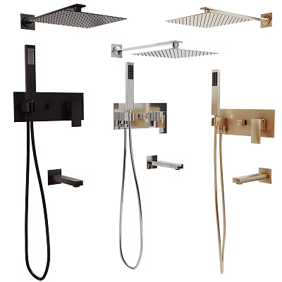 Modern Wall Mounted Shower Faucet Systems With Black Silver Gold Finishes And Handheld Sprayers 3d model