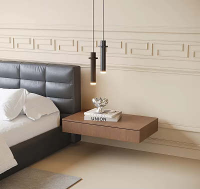 Modern Bedroom Interior With Black Pendant Chandeliers Above Leather Bed And Wooden Nightstand 3d model