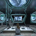 Modern Futuristic KTV Lounge Interior With Circular Windows Blue Lighting Comfortable Sofa And Marble Floor