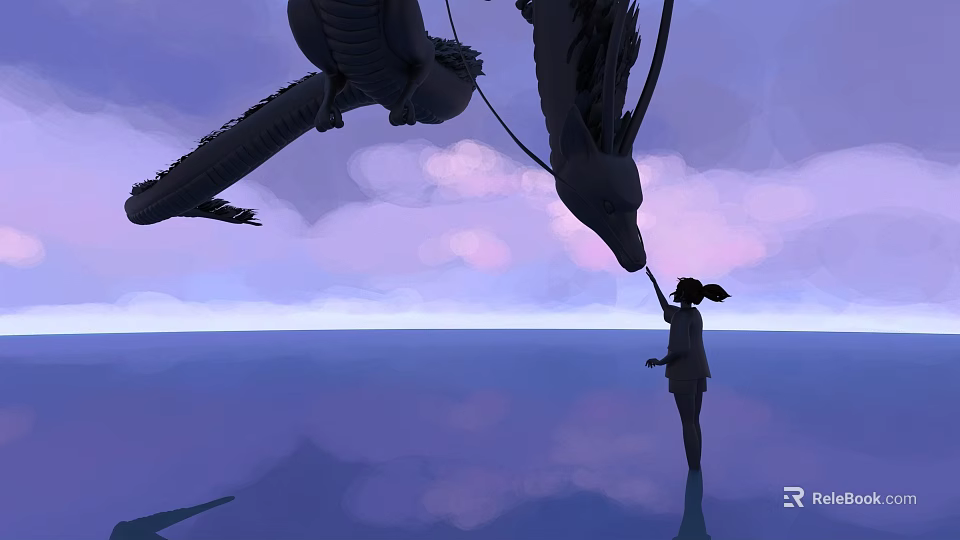 Game Movie Character Girl Interacting With Two Dragons Over Water Surface Under Purple Pink Sky 3d model 
