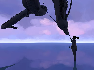 Game Movie Character Girl Interacting With Two Dragons Over Water Surface Under Purple Pink Sky 3d model