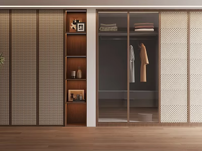 Modern Wardrobe With Sliding Glass Doors And Wooden Storage Shelves Interior Design 3d model