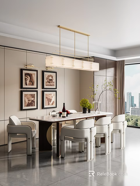 Elegant Modern Restaurant Interior With Chandelier Dining Table Chairs Framed Artworks And City View 3d model 