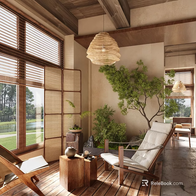 Cozy Home Balcony With Wooden Louvered Windows Rattan Pendant Light Green Plants Recliner Chairs And Natural View 3d model 