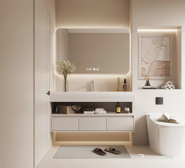 Modern Bathroom Vanity Interior With Backlit Mirror White Countertop Faucet And Vase Decor 3d model 