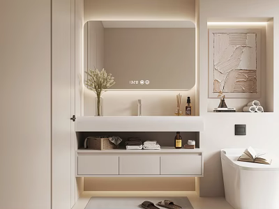 Modern Bathroom Vanity Interior With Backlit Mirror White Countertop Faucet And Vase Decor 3d model