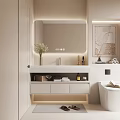 Modern Bathroom Vanity Interior With Backlit Mirror White Countertop Faucet And Vase Decor