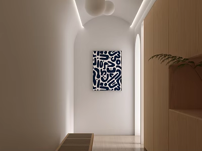 Modern Entryway Hallway With Decorative Artwork Recessed Lights Wooden Bench And Storage Cabinets 3d model
