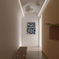 Modern Entryway Hallway With Decorative Artwork Recessed Lights Wooden Bench And Storage Cabinets