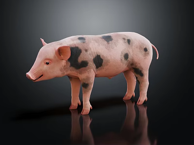 Adorable Pink Pig With Black Spots Standing On Shiny Surface With Gentle Expression 3d model