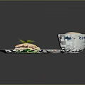 Sliced Chicken Served On Blue And White Plate With Small Condiment Bowls And Rice Bowl