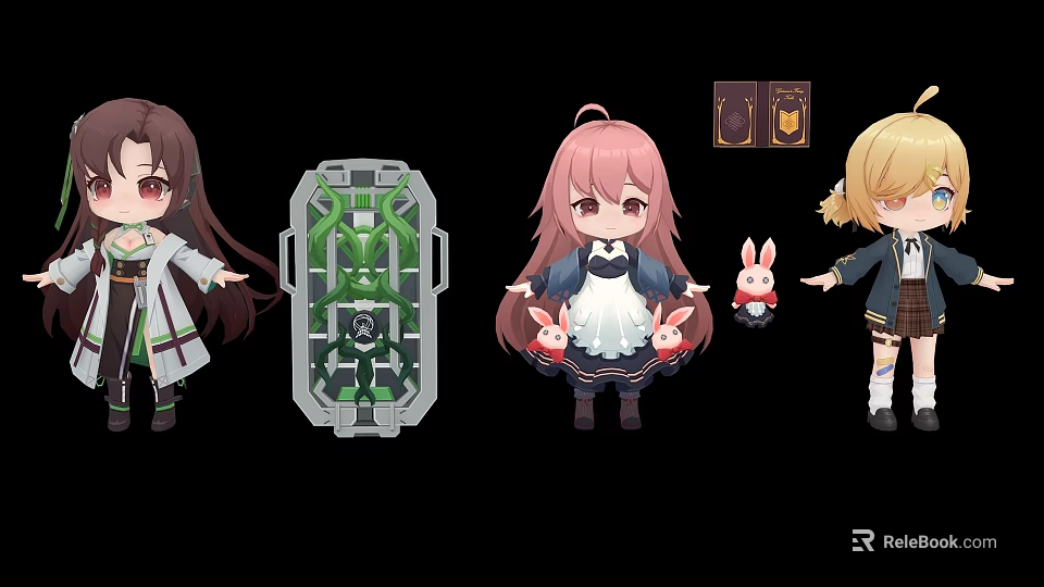 Anime Style Game Movie Characters In Maid And School Uniforms With Rabbit Plush Accessories 3d model 