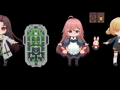 Anime Style Game Movie Characters In Maid And School Uniforms With Rabbit Plush Accessories 3d model