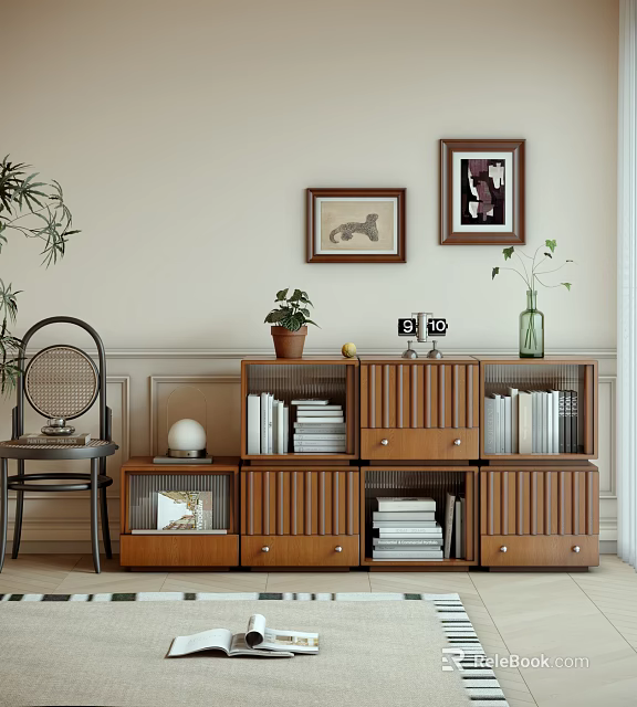 Wooden Decorative Cabinet with Stacked Books Potted Plant and Photo Frames in Living Room 3d model 
