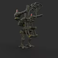 Futuristic Green Mechanical Robot Game Movie Character With Multiple Cannons And Articulated Limbs