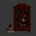 Dark Brown Wooden Bookshelf With Ornate Design Books Potted Plants And Drawers
