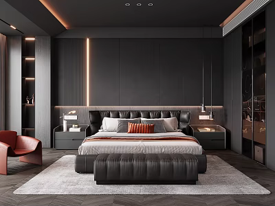Modern Dark Bedroom Interior With Black Bed Red Accent Chair LED Lighting And Area Rug 3d model