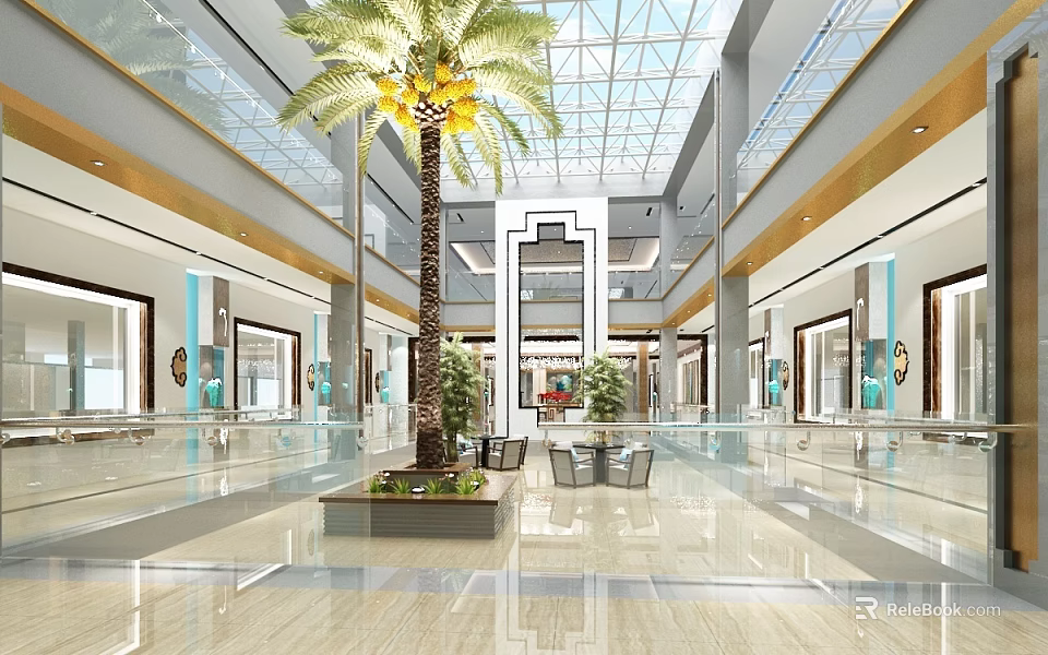 Spacious Shopping Mall Interior With Glass Ceiling Palm Tree And Storefronts 3d model 