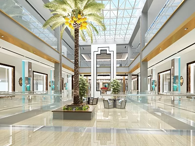 Spacious Shopping Mall Interior With Glass Ceiling Palm Tree And Storefronts 3d model