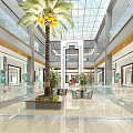 Spacious Shopping Mall Interior With Glass Ceiling Palm Tree And Storefronts