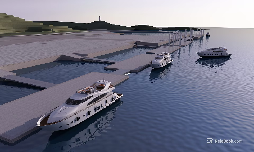 Scenic Marina View With Luxury Yachts Docked Along Waterfront Green Hills And Lighthouse In Distance 3d model 
