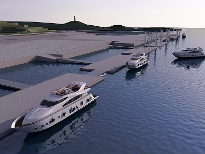 Scenic Marina View With Luxury Yachts Docked Along Waterfront Green Hills And Lighthouse In Distance 3d model