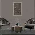 Elegant Circular Coffee Table With Brass Base Between Two Armchairs And Wall Painting 3d model
