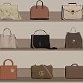 Stylish Leather Handbags And Backpacks In Various Colors On Wooden Shelf