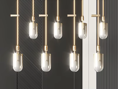 Modern Minimalist Pendant Lights With Golden Metal And Glass Shades Illuminated On Dark Striped Wall 3d model