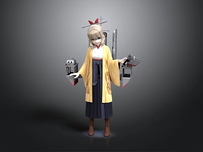 Anime Female Character Wearing Yellow Kimono Holding Mechanical Devices On Gray Background 3d model